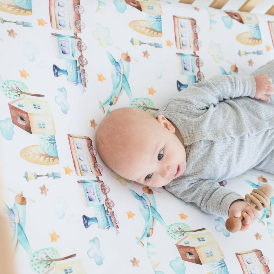 Fitted Crib Sheet - Airplane & Train - Premium Just for baby from Honey Lemonade - Just $29.95! Shop now at Pat's Monograms