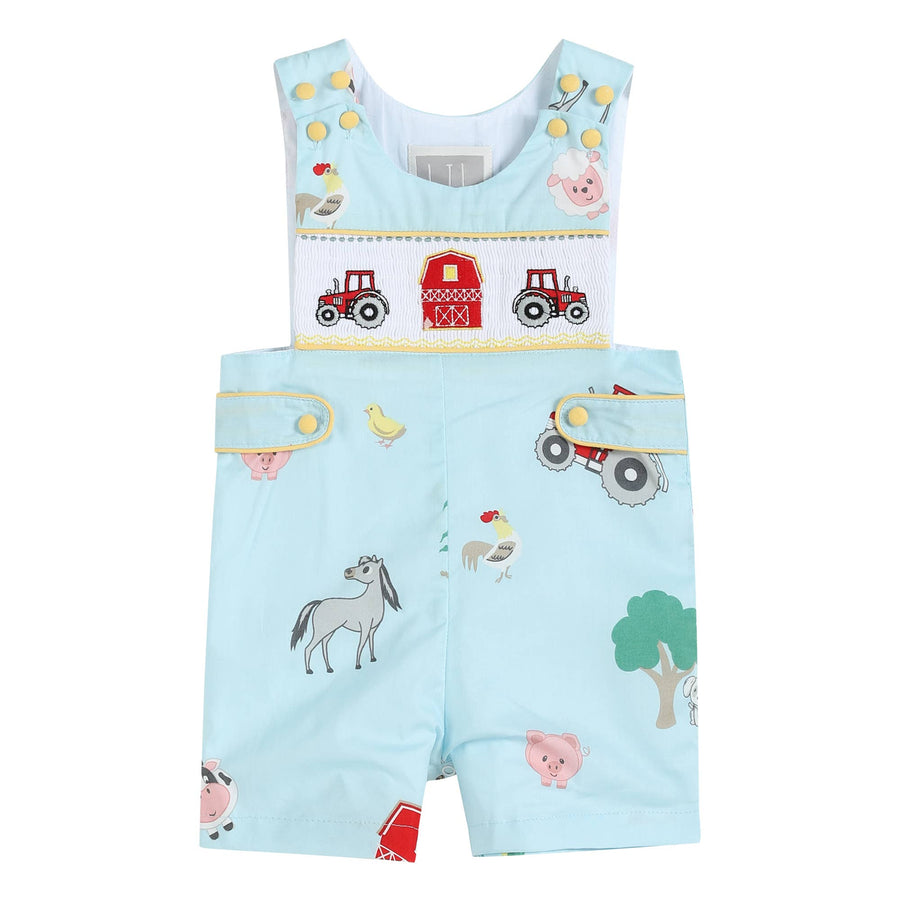 Light Blue Barnyard Print Tractor Smocked Baby Jon Jons - Premium Baby & Toddler Outfits from Lil Cactus - Just $34.95! Shop now at Pat's Monograms