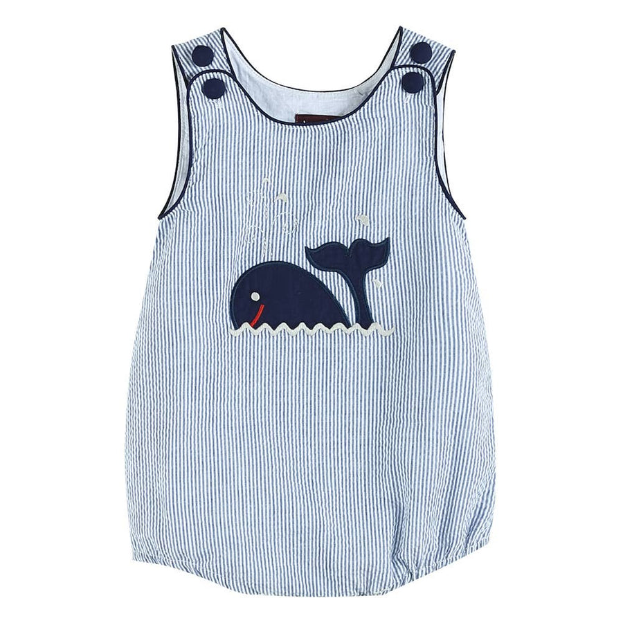 Blue Seersucker Whale Applique Baby Bubble Romper - Premium Baby & Toddler Outfits from Lil Cactus - Just $34.95! Shop now at Pat's Monograms
