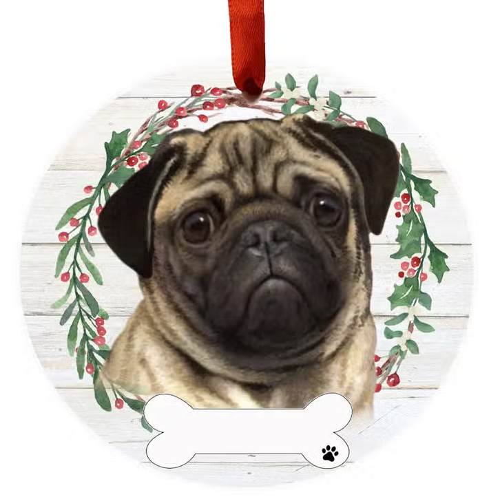 Pug Ceramic Wreath Ornament - Premium Christmas Ornament from E&S Pets - Just $9.95! Shop now at Pat's Monograms