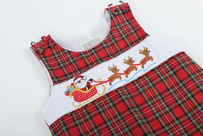 Red Christmas Plaid Santa Sleigh Smocked Overalls - Premium  from Lil Cactus - Just $34.95! Shop now at Pat's Monograms
