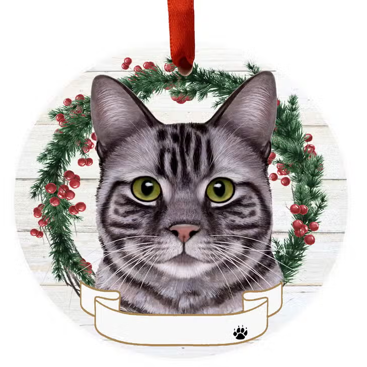 Silver Tabby Cat Ceramic Wreath Ornament - Premium Christmas Ornament from E&S Pets - Just $9.95! Shop now at Pat's Monograms