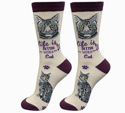 Silver Tabby Cat - Life is Better Socks - Premium Socks from Sock Daddy - Just $9.95! Shop now at Pat's Monograms