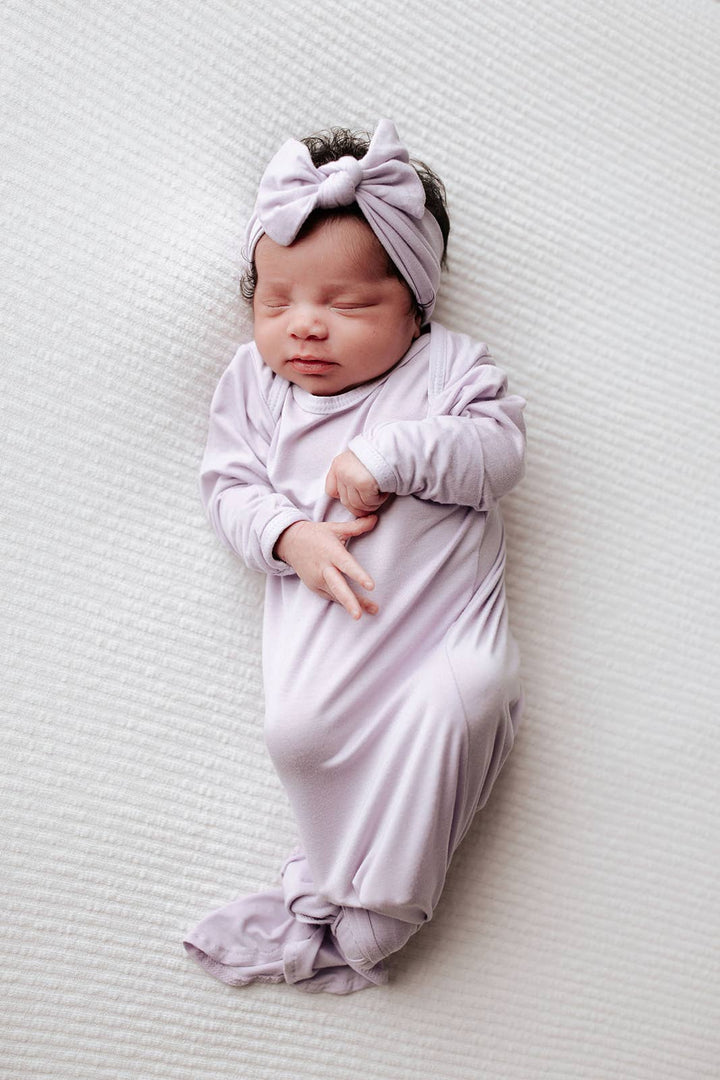 Lavender Knotted Baby Gown and Bow - Premium Just for baby from Three Little Tots - Just $24.95! Shop now at Pat's Monograms