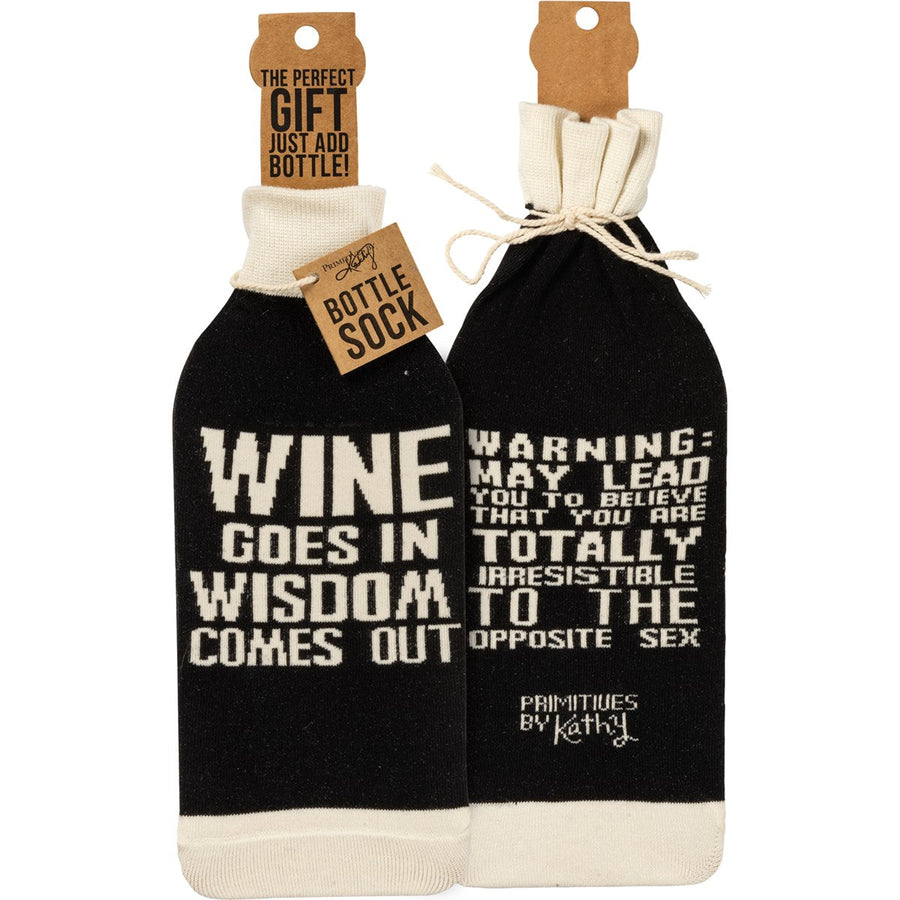 Bottle Sock - When Wine Goes In Wisdom Comes Out - Premium wine accessories from Primitives by Kathy - Just $5.95! Shop now at Pat's Monograms