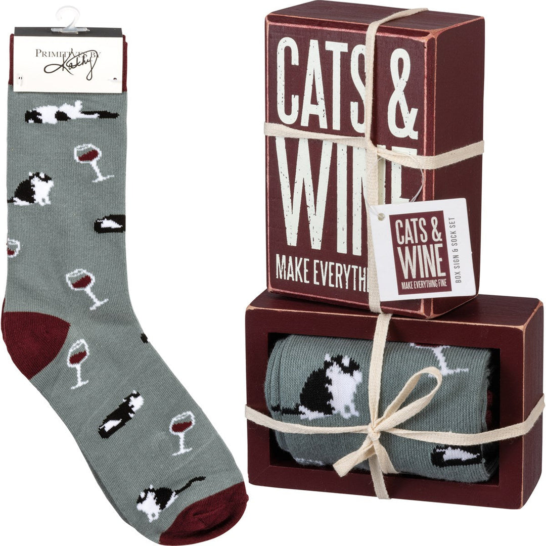 Box Sign & Sock Set - Cats & Wine - Premium Socks from Primitives by Kathy - Just $12.95! Shop now at Pat's Monograms