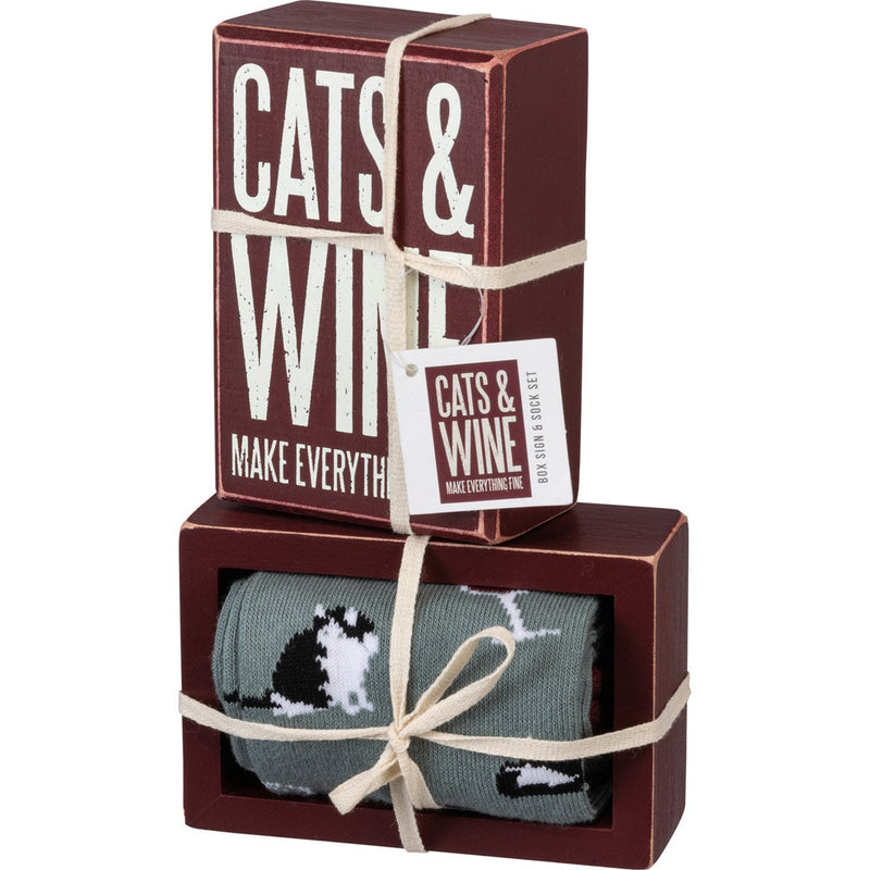 Box Sign & Sock Set - Cats & Wine - Premium Socks from Primitives by Kathy - Just $12.95! Shop now at Pat&