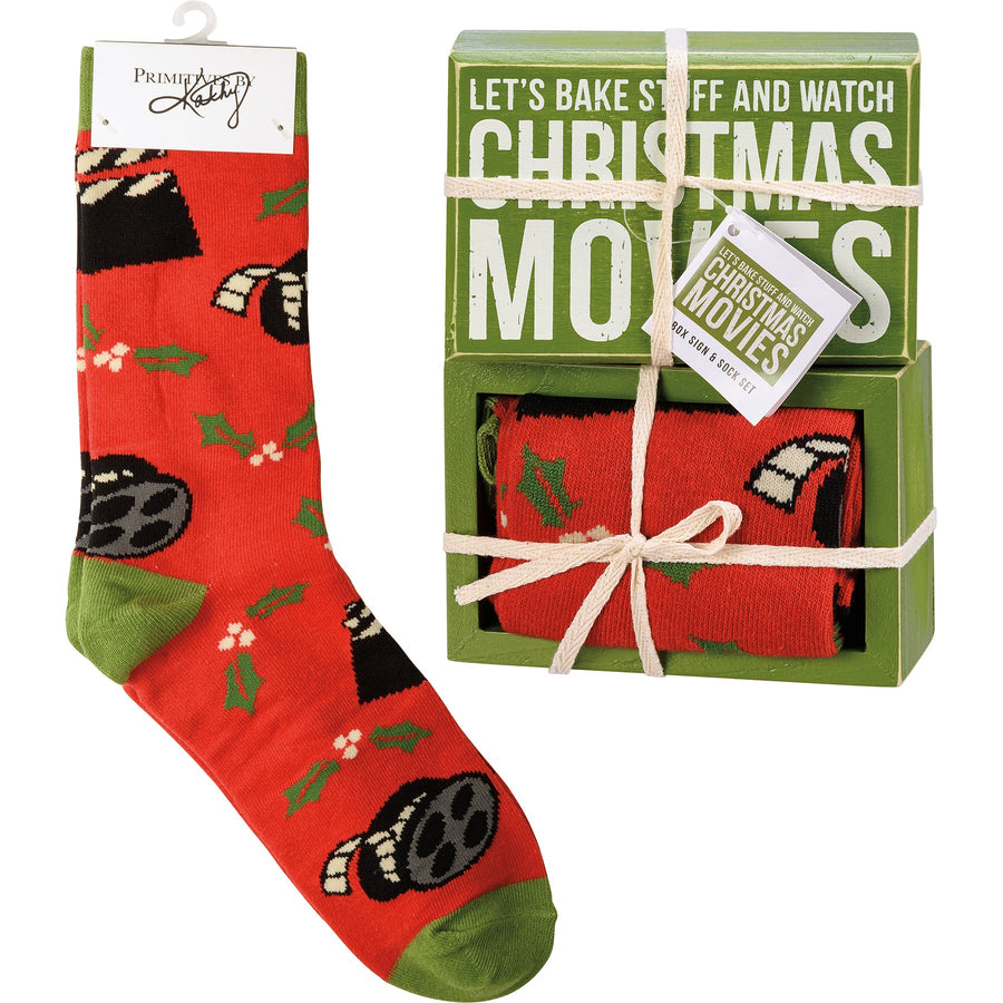 Box Sign & Sock Set - Bake Stuff and Watch Movies - Premium Socks from Primitives by Kathy - Just $12.95! Shop now at Pat's Monograms