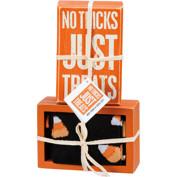 Box Sign & Sock Set - No Tricks Just Treats - Premium Socks from Primitives by Kathy - Just $12.95! Shop now at Pat's Monograms