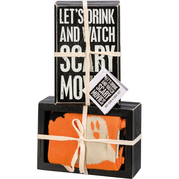 Box Sign & Sock Set - Drink and Watch Scary Movies - Premium Socks from Primitives by Kathy - Just $12.95! Shop now at Pat's Monograms