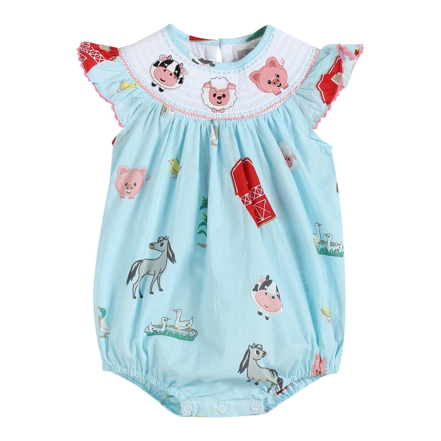 Barnyard Print Farm Animal Smocked Ruffle Baby Romper - Premium Baby & Toddler Outfits from Lil Cactus - Just $36.95! Shop now at Pat's Monograms