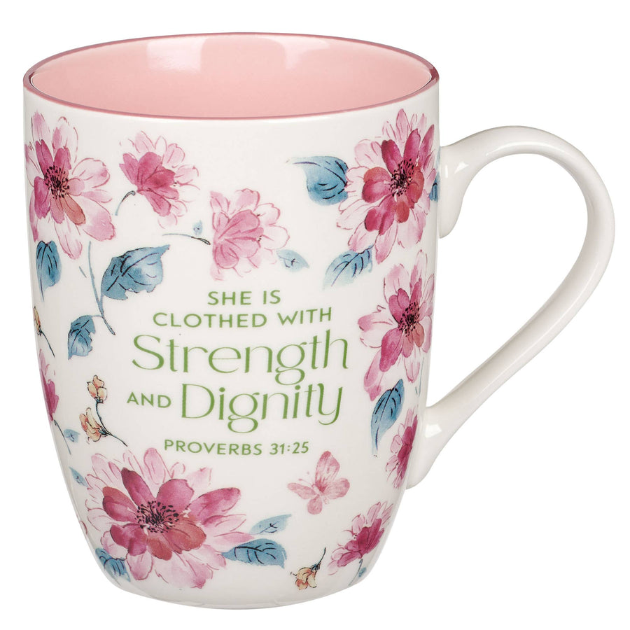 Mug Pink Floral Strength & Dignity Prov. 31:25 - Premium drinkware from Christian Art Gifts - Just $7.95! Shop now at Pat's Monograms