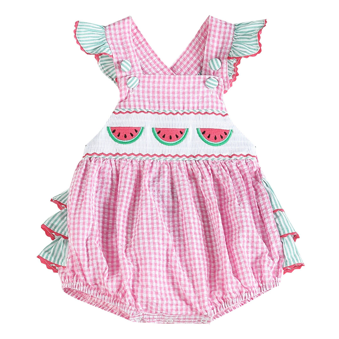 Pink and Green Watermelon Smocked Bubble Ruffle Baby Romper - Premium  from Lil Cactus - Just $32.0! Shop now at Pat's Monograms