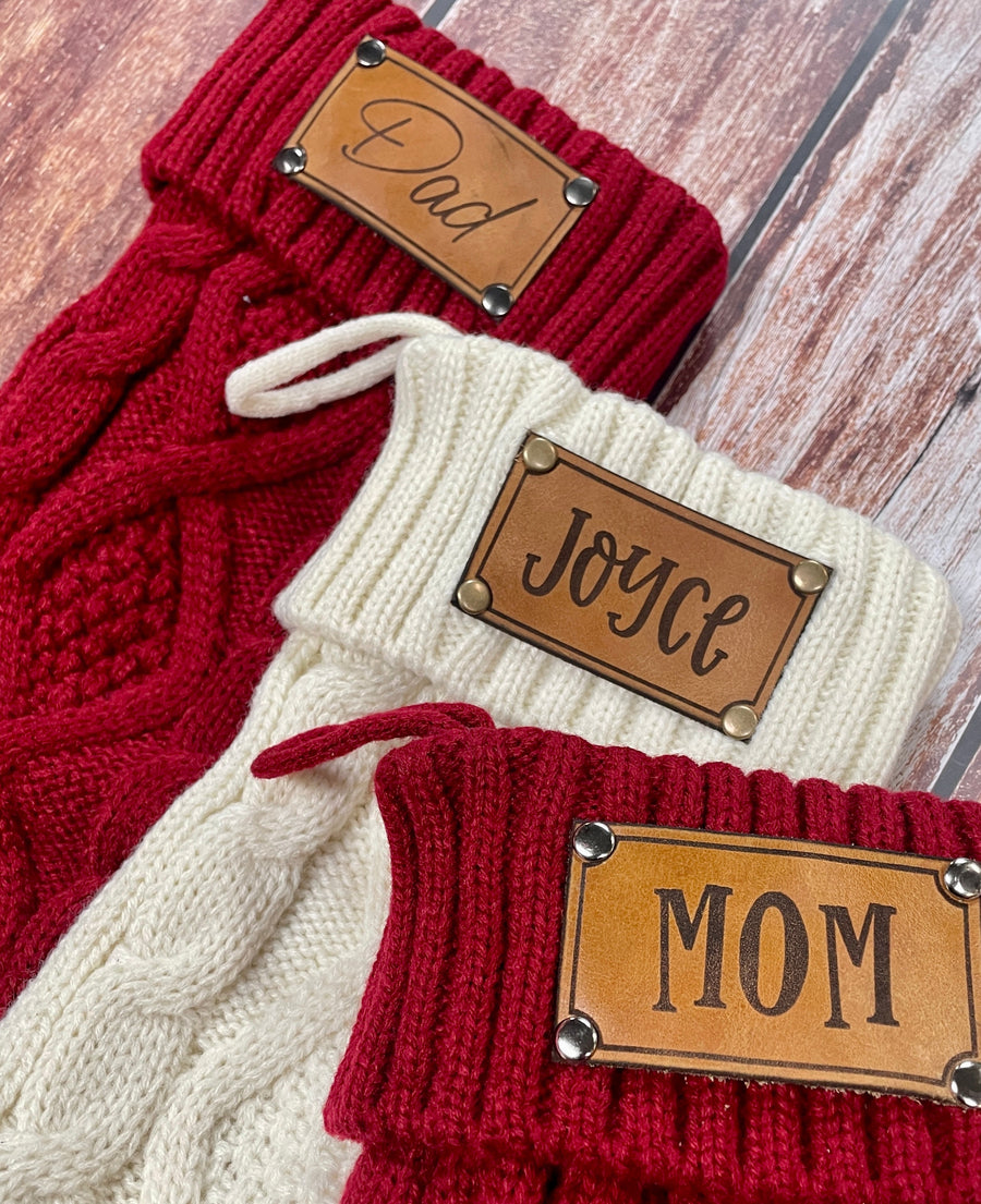 Personalized Knitted Christmas Stocking with Genuine Leather Patch - Premium holiday from Pat's Monograms - Just $28.95! Shop now at Pat's Monograms
