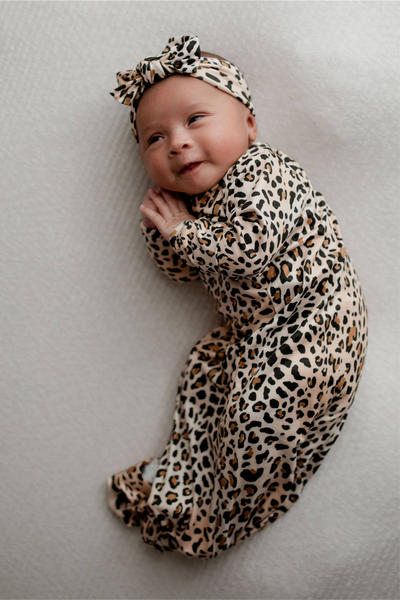 Leopard Knotted Baby Gown and Headband - Premium Just for baby from Three Little Tots - Just $24.95! Shop now at Pat's Monograms