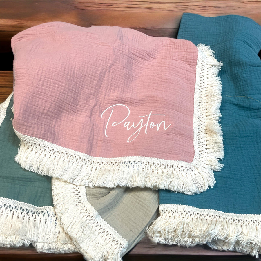 Fringe Swaddle Blanket - Premium Swaddle from bettrkind - Just $32.95! Shop now at Pat's Monograms