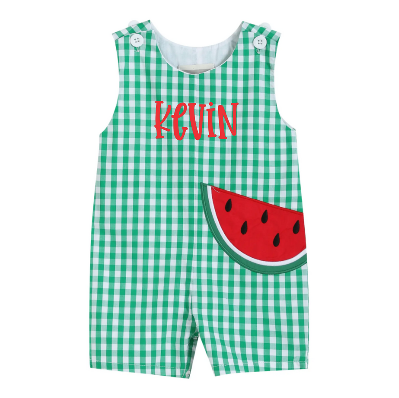 Lil Cactus - Green Gingham Watermelon Applique Shortalls - Premium Baby & Toddler Outfits from Lil Cactus - Just $29.95! Shop now at Pat&