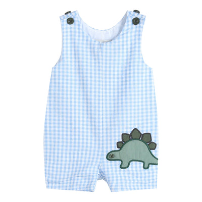 Lil Cactus - Blue Gingham Dinosaur Applique Shortalls - Premium Baby & Toddler Outfits from Lil Cactus - Just $28.95! Shop now at Pat's Monograms