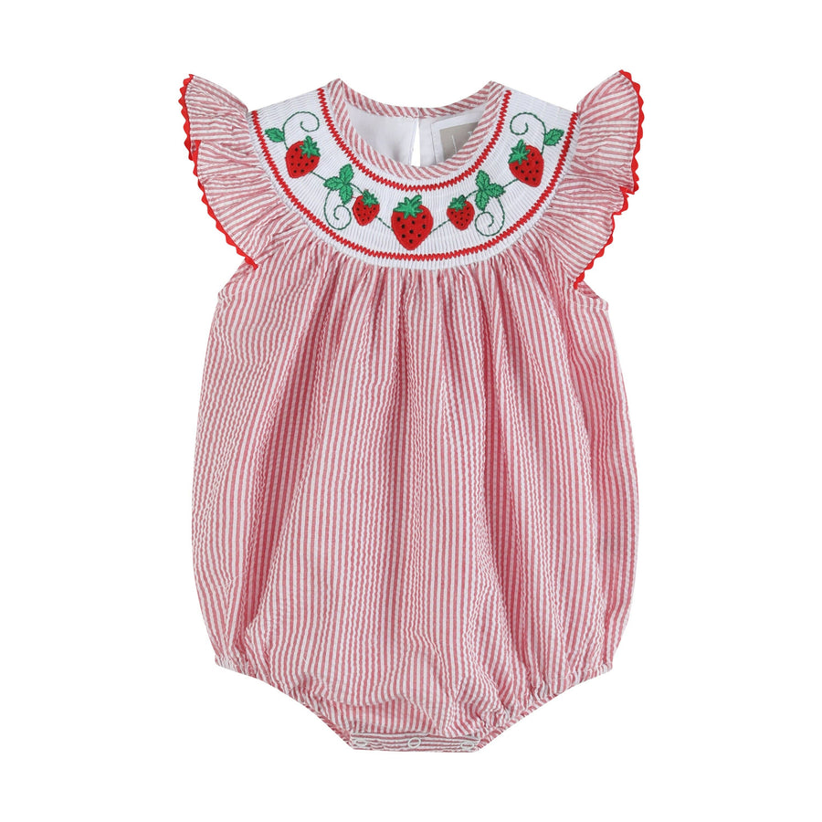 Red Seersucker Strawberry Smocked Romper - Premium Baby & Toddler Outfits from Lil Cactus - Just $35.95! Shop now at Pat's Monograms